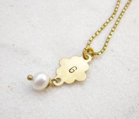 Initial hand stampd necklace personalized monogram necklace with freshwater pearl MADE TO ORDER