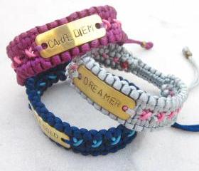 CUSTOMIZED hand stamped brass tag bracelet personalized friendship bracelet cuff with macrame strap MADE TO ORDER