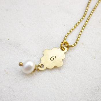 Initial hand stampd necklace personalized monogram necklace with freshwater pearl MADE TO ORDER