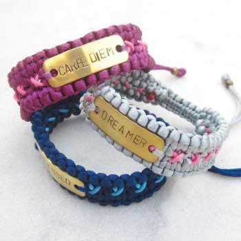 CUSTOMIZED hand stamped brass tag bracelet personalized friendship bracelet cuff with macrame strap MADE TO ORDER